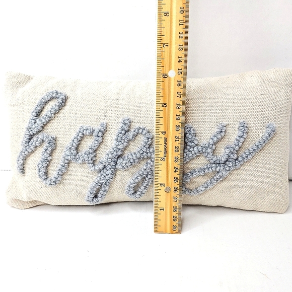 Happy embroidered throw pillow. Off white/blue - Picture 7 of 8